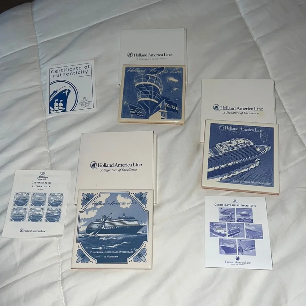 Holland America Line Ceramic Coaster Set of 3 w Certificates Nautical Blue